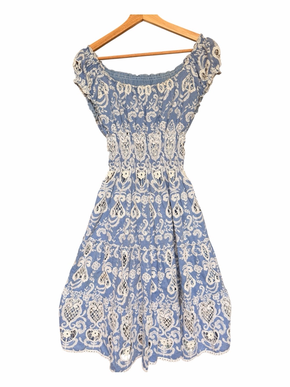 Anthropologie Payal Jain Light Blue Midi Dress with White Crochet Detail size 0
